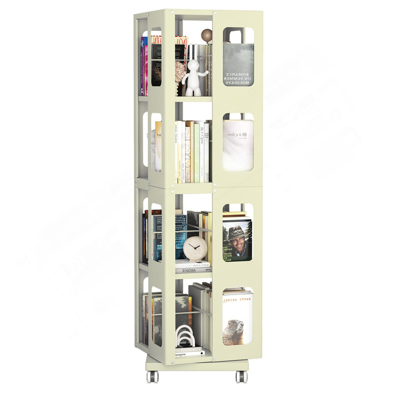 Bibliothèque rotative en acier à 4 niveaux avec roulettes à 360 °, bibliothèque de grande taille, robuste et spacieuse, bibliothèque jaune de style nouveau, assemblage facile