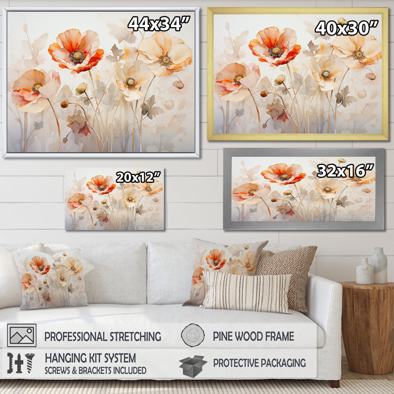 Beige, coquelicot, pré, mélodie IV, Cadre flottant blanc, H 12 po x l 20 po x P 1 po