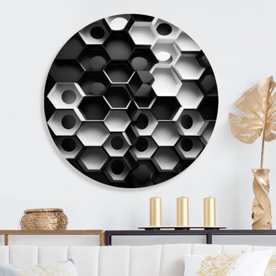Abstract Geometric Black And White II - Abstract Geometric Round Wall Art on Metal