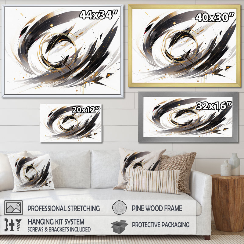 Tourbillons multicolores sur fond noir et or I, H 34 po x l 44 po, Cadre flottant doré