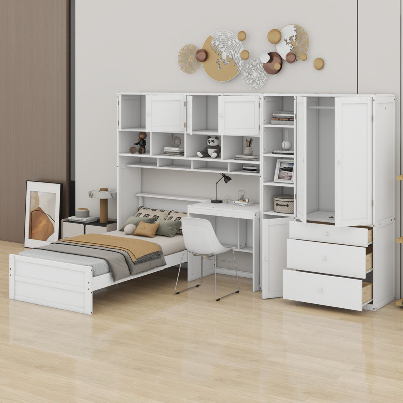 Lit plateforme en bois avec bureau, armoire, armoires, tiroirs et tablettes, Blanc