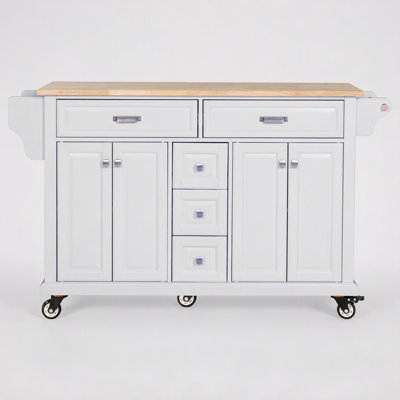 Kitchen Island with Rubberwood Countertop, Kitchen Cart on 5 Wheels with Storage Cabinet and 5 Drawers for Dining Room, White