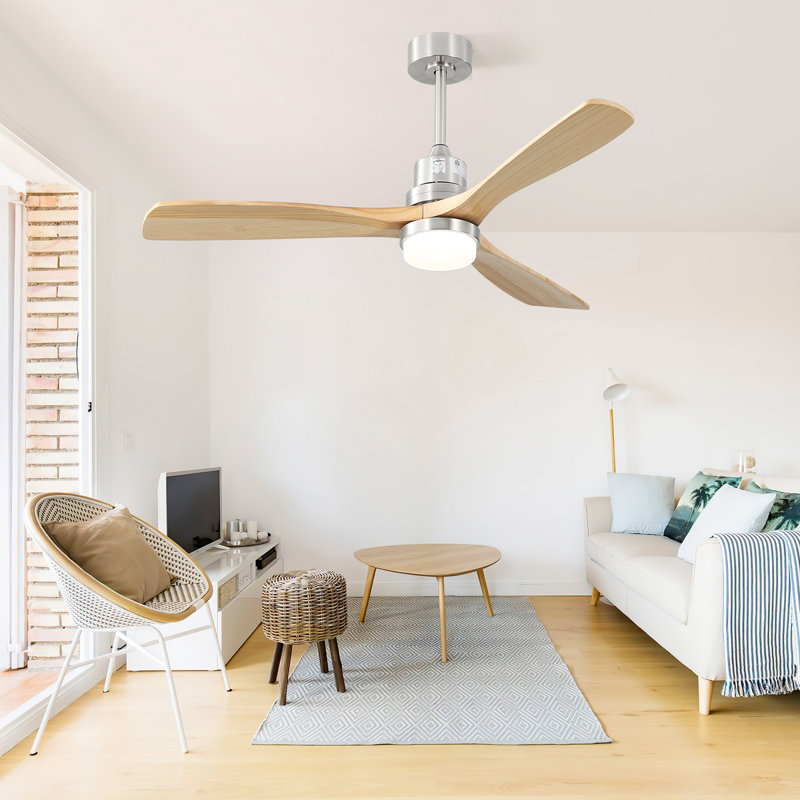 52 Inch Smart Ceiling Fan With Sand Nickel Finish 3 Natural Wood Blades LED 18W Triple Color Dimmable Memory Lighting And Remote Control