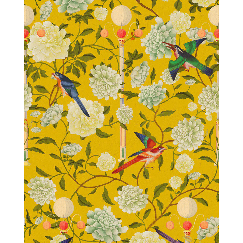 Chinese Garden Floral Wallpaper Roll, Mustard Yellow/Red/Green