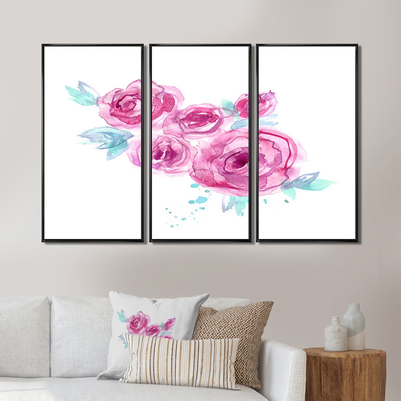 Roses roses sur fond blanc - ensemble d'art mural sur toile traditionnel encadré de 3, Cadre noir, H 28 po x l 36 po x P 1 po