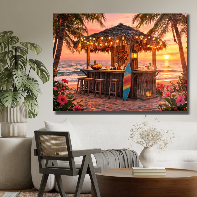Art mural en verre trempé Tropical Beach Tiki Bar, H 16 po x l 20 po