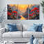 Paysage chinois avec arbres rouges et pagode, reproduction d'art sur toile tendue sur toile (ensemble de 3)-118682798