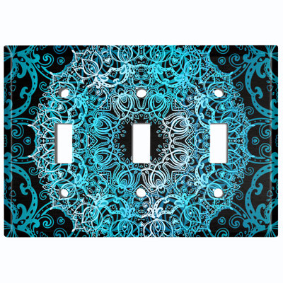 Teal Blue Circle Mandala Black Patterned 3 - Gang Toggle Light Switch Standard Wall Plate