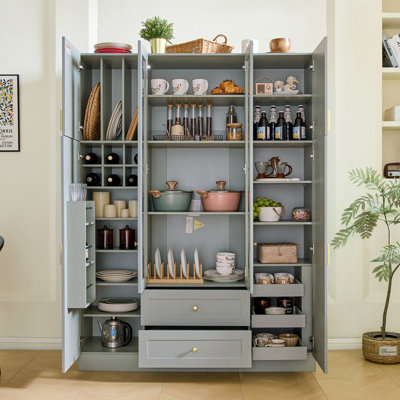 Grand garde-manger moderne avec 6 portes et armoire de rangement avec tiroirs et tablettes réglables, vert