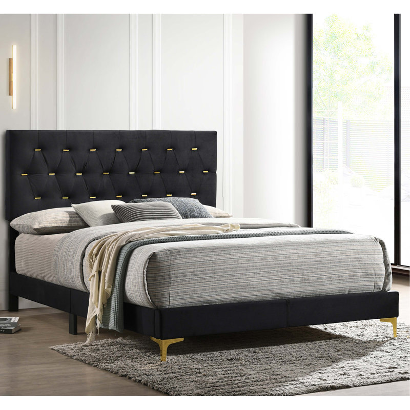 Black Upholstered Queen Panel Bed, Black