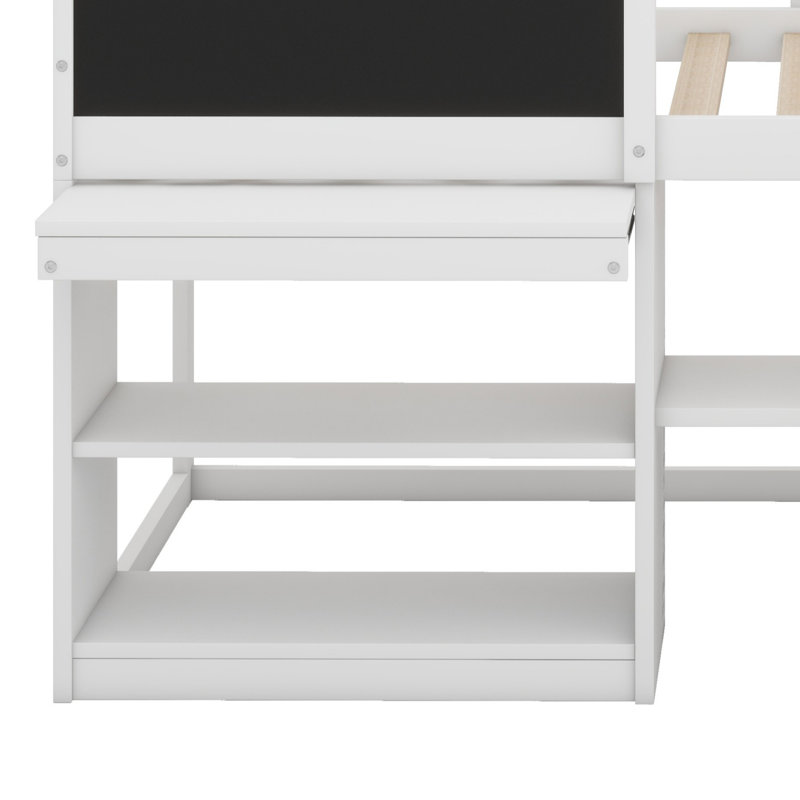 Lit mezzanine bas avec bureau roulant, tablette et tiroirs, Blanc
