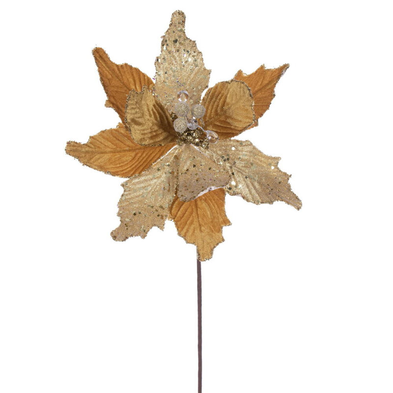 Vickerman 11.5" x 20" Velvet Sugar Poinsettia Stem. It includes three pieces per bag., Gold