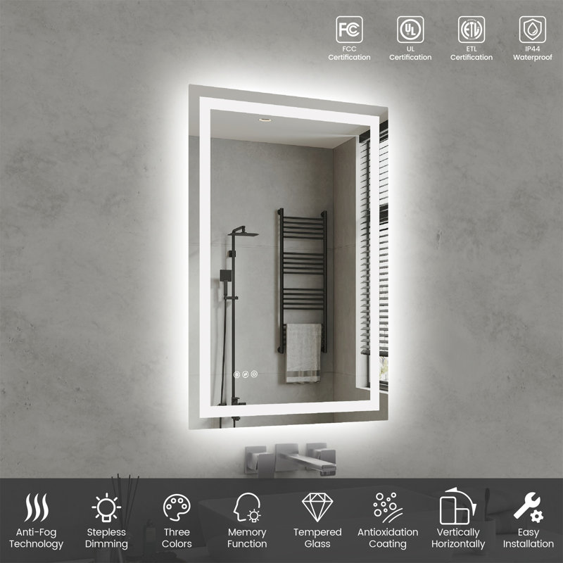 Miroir de salle de bain 24 po x 36 po à DEL (miroir inclus seulement), 36 po x 24 po, Verticale