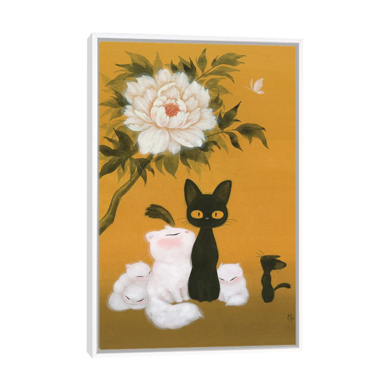 Cats And Peony by Martin Hsu - Painting on Canvas, 66.04 cm H x 45.72 cm W, White Framed