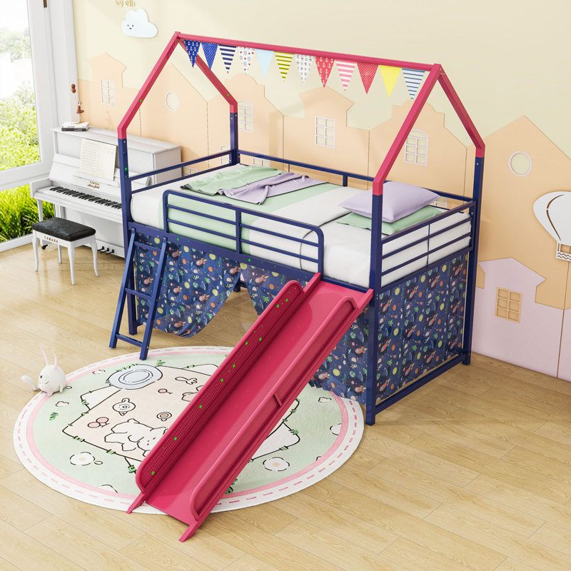 Metal House Twin Loft Bed With Slide, Curtain Set, Guardrails And Ladder, Navy Blue Red