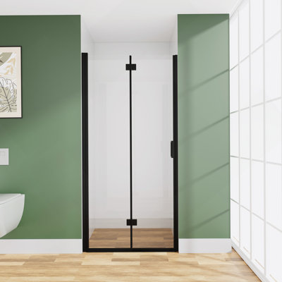 Porte de douche à charnière pivotante pliante semi-sans cadre 34 po X P 72 po H, verre trempé 1/4 po (6 mm), panneau pliable pour salle de bain, installation réversible, noir mat
