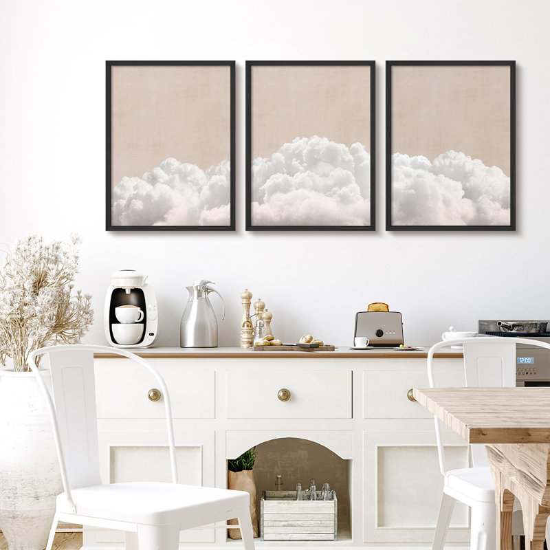 Ensemble de 3 pièces d'art mural encadré en nuage - Impressions de ciel blanc neutre pour décor de chambre à coucher, de chambre de bébé ou de salon