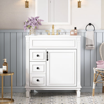 Meuble-lavabo de 30 po avec lavabo en céramique de haute qualité, mécanisme de fermeture en douceur des tiroirs et tiroirs de fermeture des tablettes réglables, conception élégante pour les petits espaces