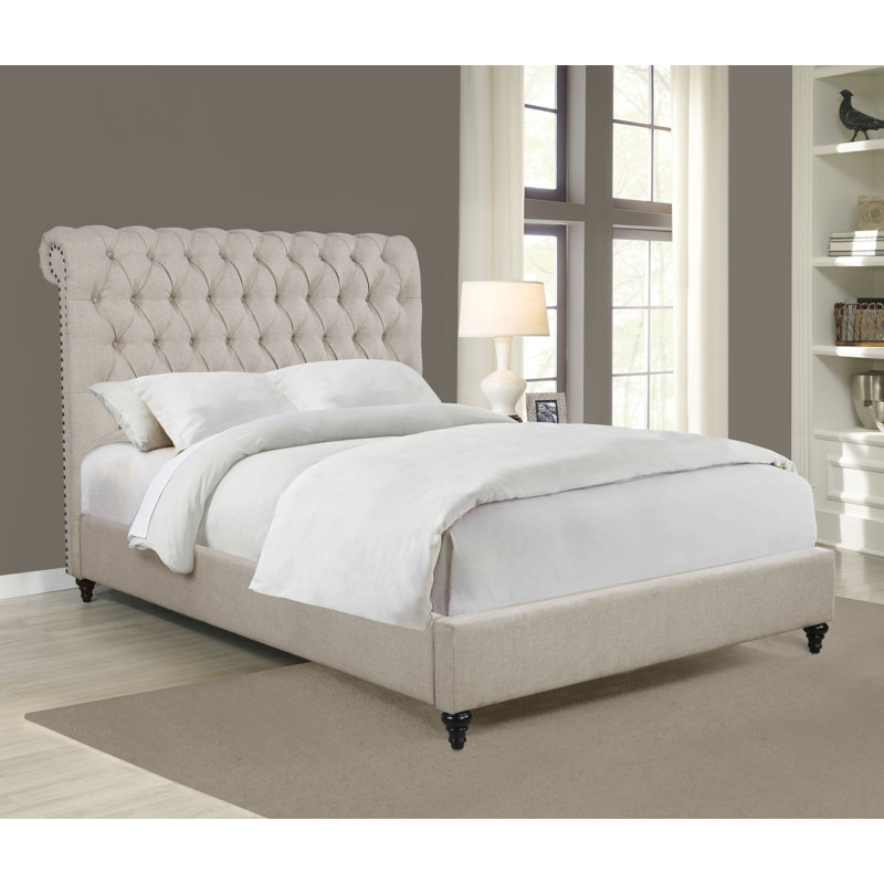 Lit à panneau tapissier Meleya, Très grand, Beige