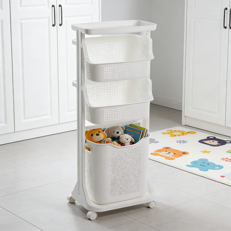 White Vertical Bathroom Storage Rack, Three-Layer Model,Large Capacity Multi-Functional Laundry Hamper With Storage Shelf, Foldable Clothes Basket For Home, Laundry Room, And Dorm Organization