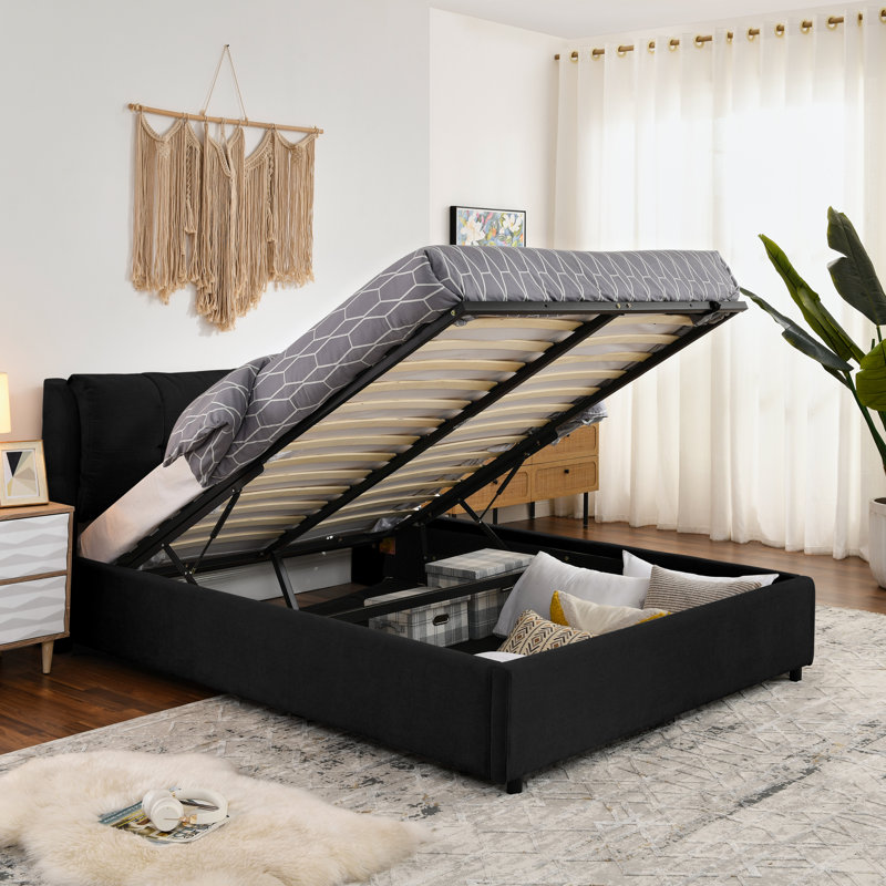 Lit plateforme tapissier hydraulique avec tête de lit intégrée Roomfitter, Noir, Grand