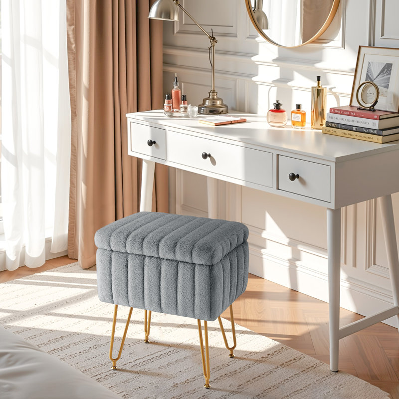 Modern Vanity Stool Chair With 4 Metal Legs And Storage, Multiuse Foot Rest For Makeup Room Bedroom, Gray