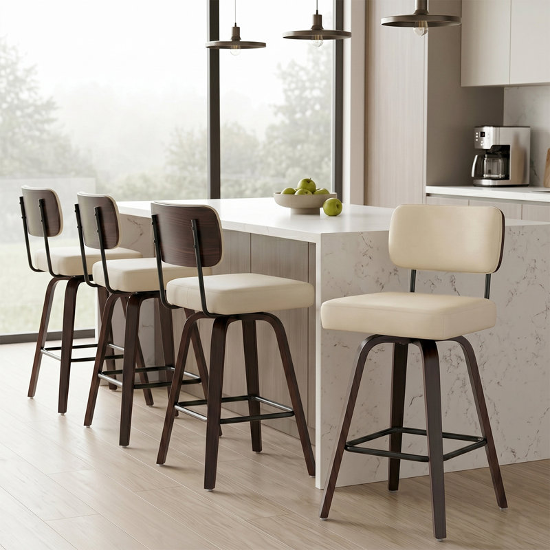 Tabouret de bar pivotant, tabourets de comptoir rembourrés de style moderne Mid-Century de 29 po avec dossier courbé et pieds en bois massif
