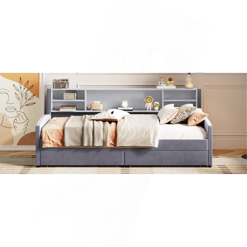 Lit plateforme simple tapissier avec rangement et tiroirs, Gris