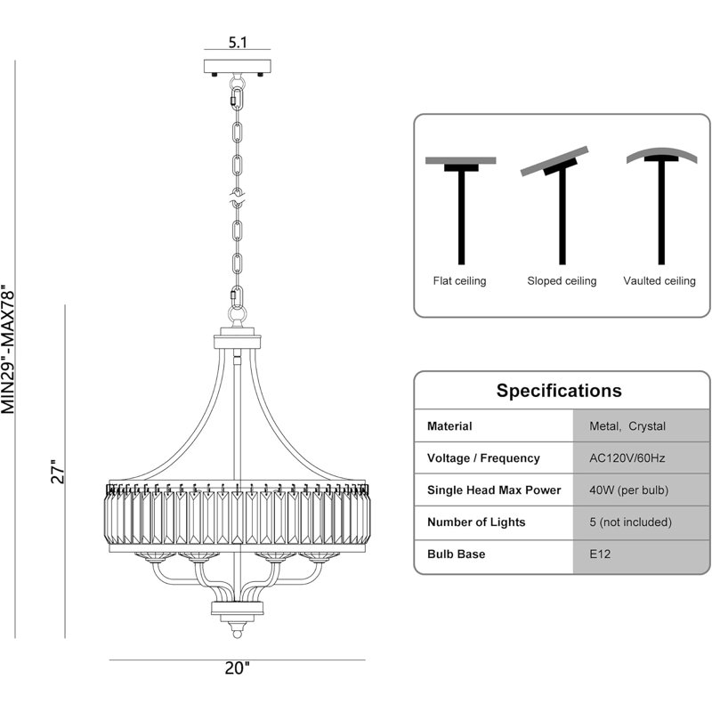 Modern Black Crystal Chandelier,5-Light