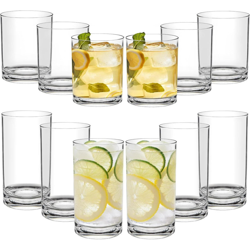 Plastic Cups Reusable Plastic Drinking Glasses Set Of 12 - Unbreakable Plastic Tumblers - Acrylic Glasses Drinkware - BPA-Free Dishwasher-Safe - Highball Lowball Mixed