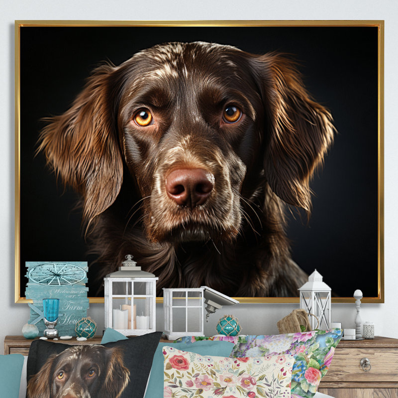 Portrait de chien II - impression, Cadre flottant doré, H 12 po x l 20 po x P 1 po