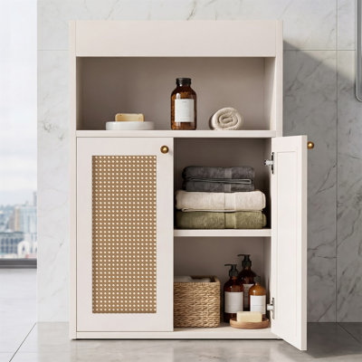 Armoire de rangement de plancher de salle de bain avec 2 portes en rotin OMCHOM