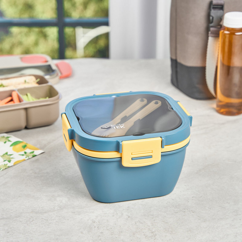 Boîte à bento 57,5 onces, 1 contenant réutilisable pour le déjeuner - avec fourchette et couteau, ne contient pas de BPA, boîte à lunch réutilisable en plastique bleu et jaune, micro-ondes, lavable au lave-vaisselle