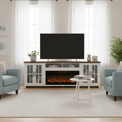Brixham 97" Farmhouse Fireplace TV Stand for TVs up to 100", 42" Electric Fireplace, Wood & Glass Media Console,