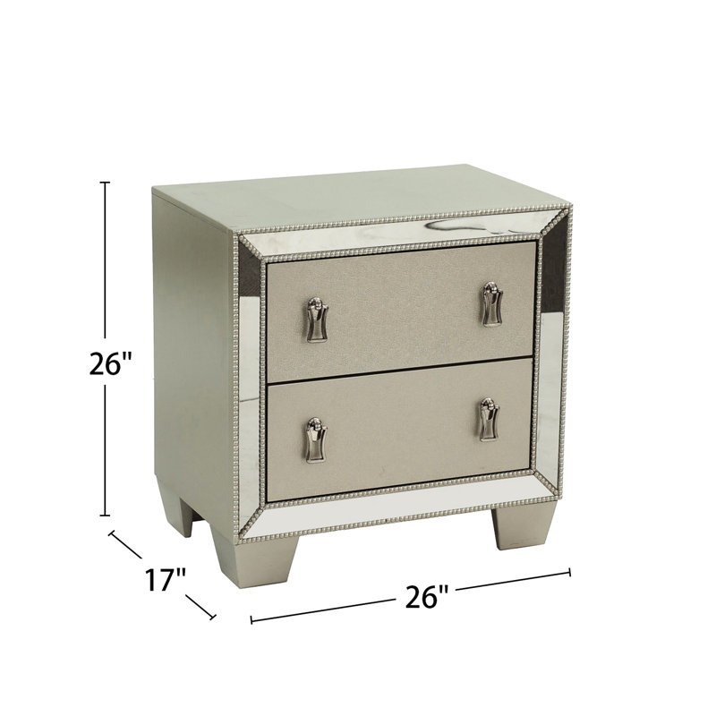 Table de chevet 2 tiroirs argentée avec accents en miroir - et option de chambre à coucher contemporaine contemporaine