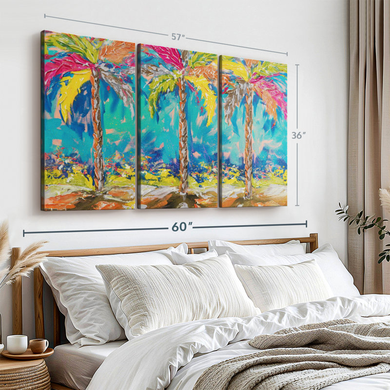 «Summer Tropical Palms», 3 pièces sur toile, H 36 po x l 57 po x P 1,25 po