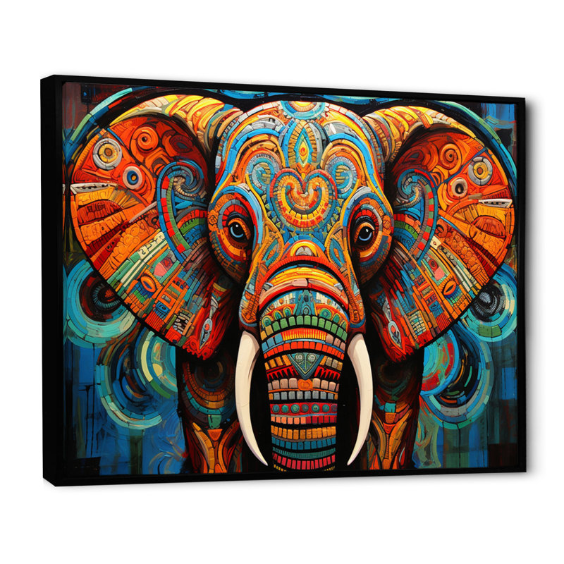 Éléphant Tribal Majesty - Éléphant, art mural, H 12 po x l 20 po x P 1 po, Cadre flottant noir