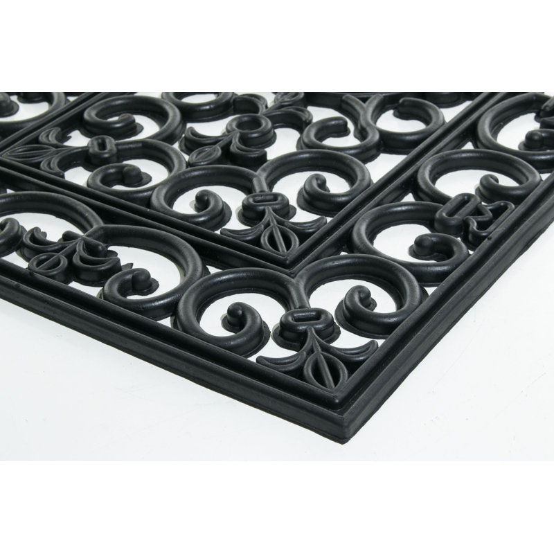 Black Scroll Design Rubber Outdoor Doormat 18" x 30"