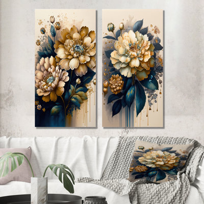 «Deep Yellow and Blue Zinnia Flowers», 2 pièces sur toile