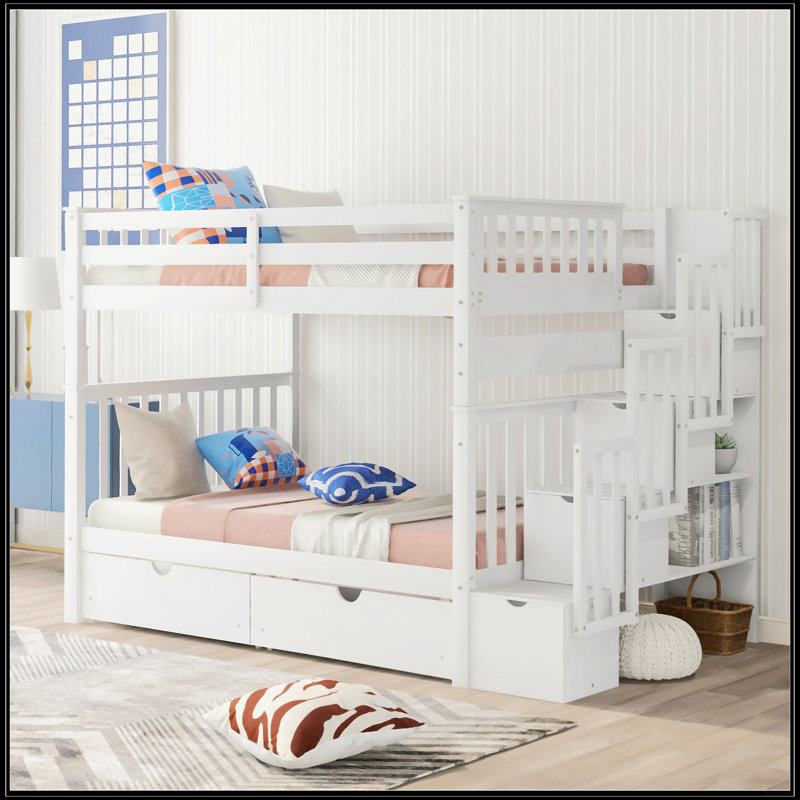 Lit superposé double au-dessus de double avec tablettes et 6 tiroirs de rangement, Blanc