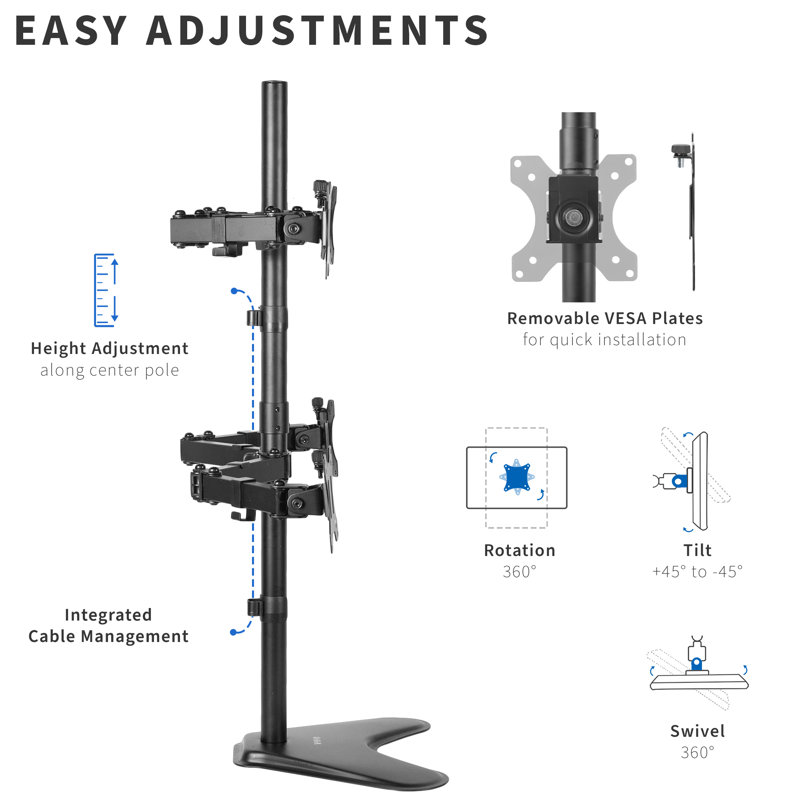 Black Quad Monitor Adjustable Steel and Aluminum Desk Mount