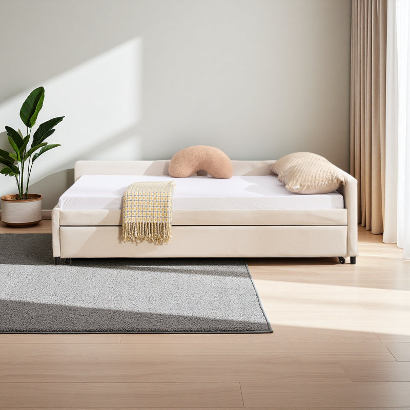 Upholstered Daybed With Trundle,Sturdy Wooden Bed Frame, Modern Diamond Grid Design,For Bedroom, Guest Room, Beige