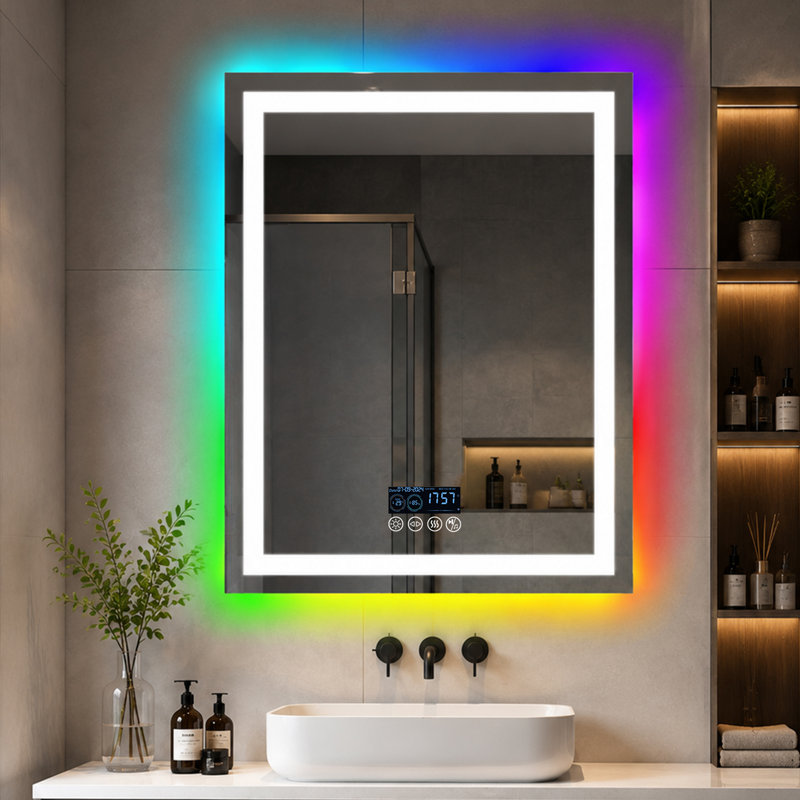 Bertram Led Bathroom Mirror With Lights, Wall-mounted With Bluetooth Speaker, Time & Date Display Anti-fog, Rgb Backlit And 3 Color Temperature Front Lighting, Dimmable Brightness, Ip65 Waterproof, Tempered Glass, Frontlit & Backlit
