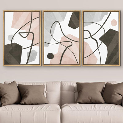 Modern Abstract Geometric " Pastel Pink Grey Geometric Line Collage Shape Abstract Illustration Modern Decor Multicolor Chic " 3 - Pieces