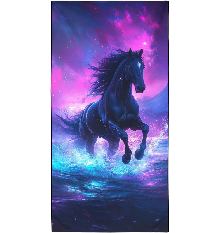 Black Horse Beach Towel Oversized 35" x 70", Neon Galaxy Ocean Animal Print, Thin Lightweight Sand Free Quick Dry Microfiber Towels for Beach Yoga Camping Travel