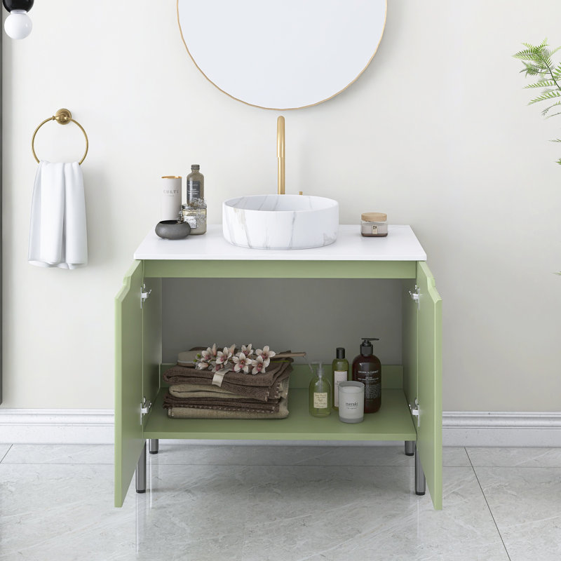 Meuble-lavabo de salle de bain 30 po avec lavabo, meuble de rangement autoportant avec 2 portes, lavabo rond en céramique blanche avec motif de pierre et comptoir blanc de Carrare, sans robinet, couleur vert clair