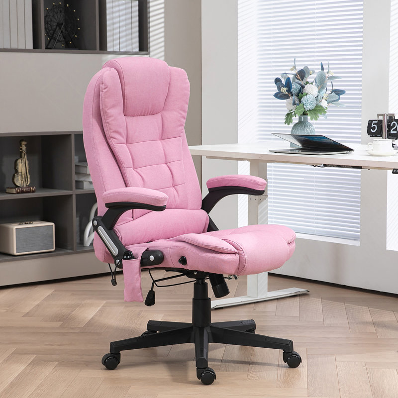 Fauteuil de bureau à 6 points de massage vibrant avec chaleur et dossier haut inclinable en lin avec dossier inclinable, accoudoirs rembourrés et télécommande, rose