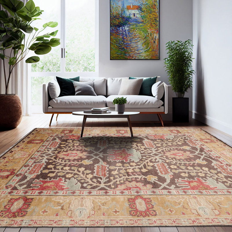 Tapis oriental brun en laine noué à la main 8 pi x 10 pi brun / moutarde / rouille / brun clair, Rectangle 10 pi x 14 pi