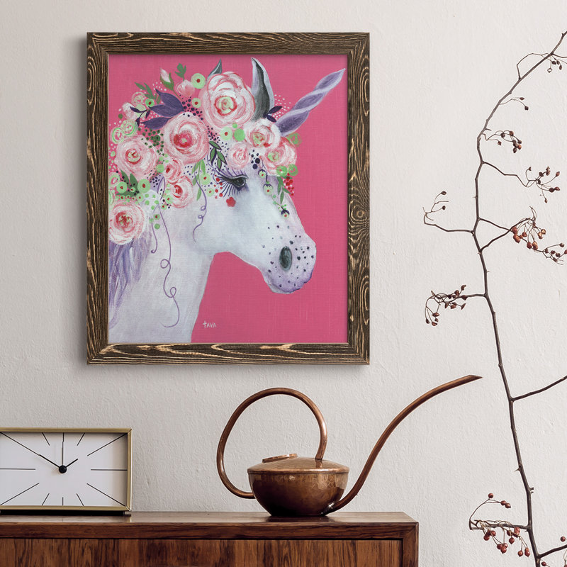Licorne II - peinture sur toile encadrée, H 20 po x l 17 po x P 1,5 po, Encadré de bois de noyer