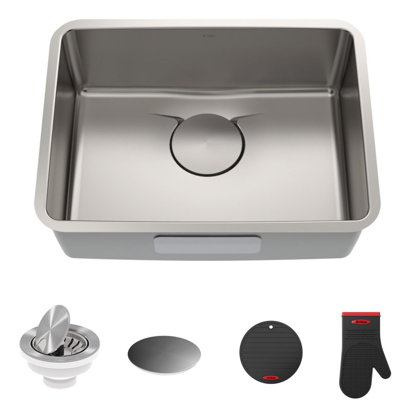Évier de cuisine en acier inoxydable à simple cuve encastrable en forme de L 25 pouces DRA ™ KRAUS RA Series avec DrainAssure WaterWay